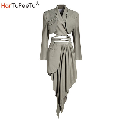 2023 Autumn Women Blazer Two Piece Suit Bandage Short Style Top and Irregular Pleated Mini Skirt Fit Fire Business Set