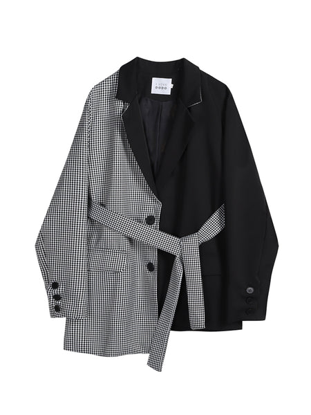 2023 Autumn Women Clothing Irregular Plaid Blazer With Belt  Patchwork Coat Streetwear Long Sleeve Female Suit Women Clothing