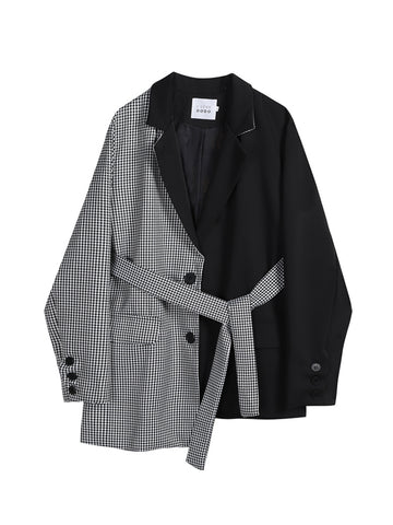 2023 Autumn Women Clothing Irregular Plaid Blazer With Belt  Patchwork Coat Streetwear Long Sleeve Female Suit Women Clothing