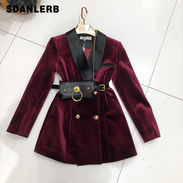 2023 Autumn and Winter Long Velvet Blazer Women High Street Suit Jacket with Running Bag Business Lady Coats Overcoat