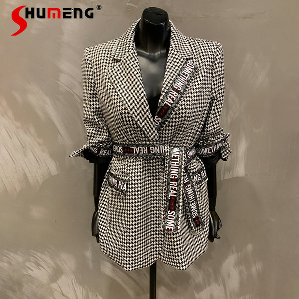2023 Autumn and Winter Lace-up Houndstooth Woolen Blazer Women's Loose Grid Retro Small Suit Wool Coat Ladies
