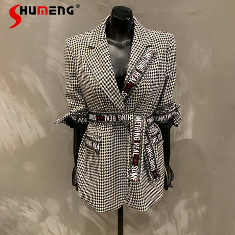 2023 Autumn and Winter Lace-up Houndstooth Woolen Blazer Women's Loose Grid Retro Small Suit Wool Coat Ladies