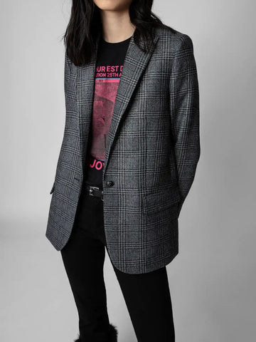 2023 Autumn and Winter Plaid Jacket Office Lady One Button Wool Blended Blazer