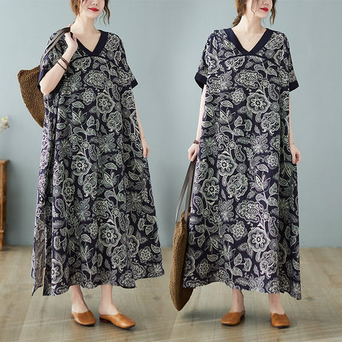 2023 Big Size Cotton Linen Women Dress Summer V Neck Maxi Dress Plus Size Vintage Dress Floral Printed Long Dresses 4XL 5XL