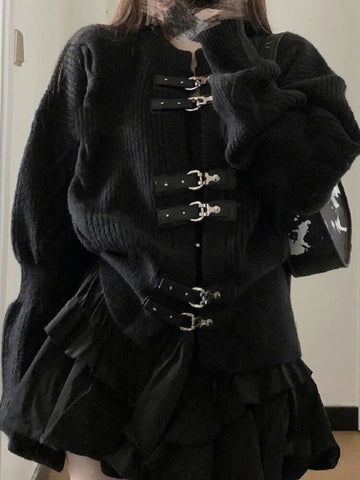 2023 Black Knitted Gothic Cardigan Women Cool Punk Loose Sweater 90s Grunge Jacket Casual All Match Harajuku Y2k Aesthetic Tops
