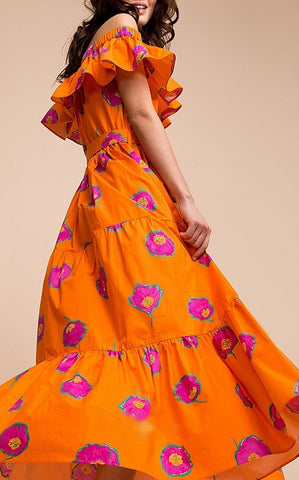 2023 Boho Maxi Dress Women Off The Shoulder Ruffle Floral Print Sashes Summer A-Line Big Swing Long Dress for Women