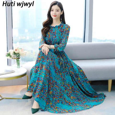 2023 Boho Vintage Red Print Chiffon Beach Maxi Dress Spring Autumn 4XL Plus Size Long Sleeve Women Dress Elegant Party Vestidos