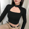 2023 Buckle Halterneck Sexy Womens T Shirt Harajuku Long Sleeve Crop Top Streetwear Basic Tshirt Women Hip Hop Y2K Tees Shirts