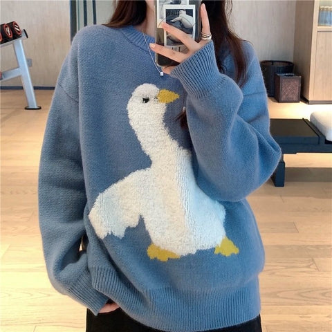 2023 Cartoon Duck Letter Sweater Casual O Neck Loose Knitted Jumpers Female Korean Autumn Winter Long Sleeve Pullover Women 90s
