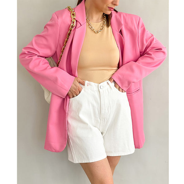 2023 Chic Loose Light Pink Women Blazer Autumn Spring Single Buttons Female Oversized Suit Jacket Full Sleeve Outwear dropship