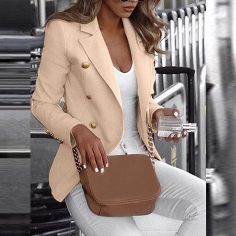 2023 Chic Women Blazer Solid Color Long-sleeved Double-breasted Cotton Blend Tailored Collar Lady Suit Jacket Women's Clothing