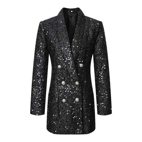2023 Designer Blazer Women Double Lion Buttons Shawl Collar Glitter Sequined Long Runway Black Spring  New