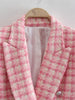 2023 Designer Women's Jacket Pink Check Tweed Blazer Retro Button Long Sleeve Pocket Women Elegant Jacket Top Femme traf