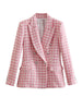2023 Designer Women's Jacket Pink Check Tweed Blazer Retro Button Long Sleeve Pocket Women Elegant Jacket Top Femme traf