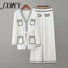 2023 Early Autumn Long-Sleeve Knit Suit Lace-Up Waist Mid-Length V-Neck Cardigan + Wide-Leg Pants Two-Piece Female
