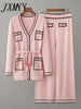 2023 Early Autumn Long-Sleeve Knit Suit Lace-Up Waist Mid-Length V-Neck Cardigan + Wide-Leg Pants Two-Piece Female