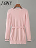 2023 Early Autumn Long-Sleeve Knit Suit Lace-Up Waist Mid-Length V-Neck Cardigan + Wide-Leg Pants Two-Piece Female
