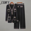 2023 Early Autumn Long-Sleeve Knit Suit Lace-Up Waist Mid-Length V-Neck Cardigan + Wide-Leg Pants Two-Piece Female