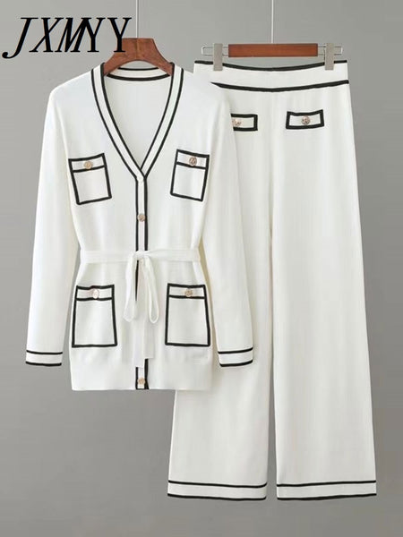 2023 Early Autumn Long-Sleeve Knit Suit Lace-Up Waist Mid-Length V-Neck Cardigan + Wide-Leg Pants Two-Piece Female