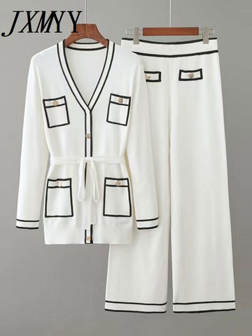 2023 Early Autumn Long-Sleeve Knit Suit Lace-Up Waist Mid-Length V-Neck Cardigan + Wide-Leg Pants Two-Piece Female