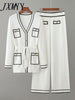 2023 Early Autumn Long-Sleeve Knit Suit Lace-Up Waist Mid-Length V-Neck Cardigan + Wide-Leg Pants Two-Piece Female