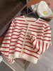 2023 Elegang White Black Striped Short Cardigan Women Sueter Mujer O-neck Long Sleeve Knitted Cropped Sweaters Coat Pull Femme