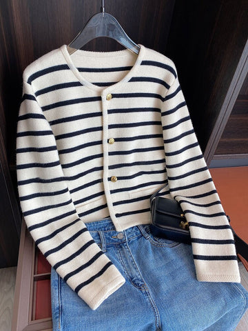 2023 Elegang White Black Striped Short Cardigan Women Sueter Mujer O-neck Long Sleeve Knitted Cropped Sweaters Coat Pull Femme