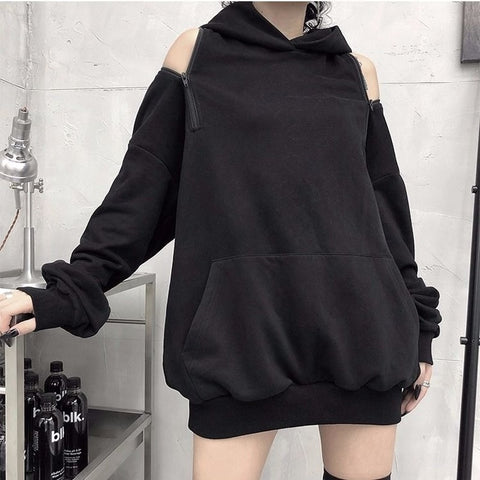2023 Fahsion Black Off-shoulder Grunge Y2K Emo Hoodies Women Korean Style Streetwear Hooded Sweatshirt Gothic Mall Goth Tops 90s