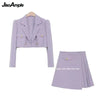 2023 Fall Blazer Top Pleated Dress Two Piece Women's Casual Purple Suit Coat Mini Skirt Set Korean Elegant Clothes Suit
