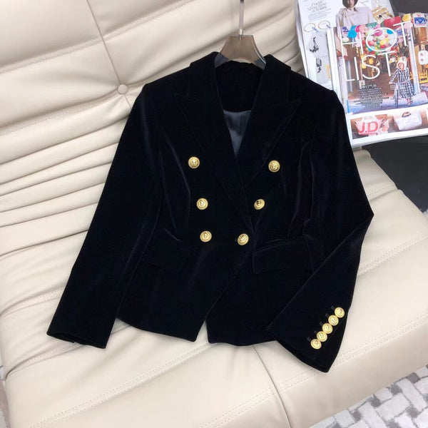2023 Fall Silk Blend Velour Gold Button Double Breasted Fitted Elegant Feminine Blazer