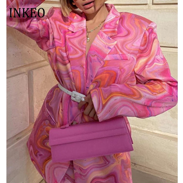 2023 Fall Skirt suit for women Artist print Blazer jacket And Mini skirt 2 piece set ladies Elegant Summer INKEO 2O093