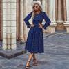 2023 Fall Women's Navy Blue High Waist Mediumn Long Dress For Ladies Casual Long Sleeve All Match Polka Dot Dresses