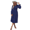 2023 Fall Women's Navy Blue High Waist Mediumn Long Dress For Ladies Casual Long Sleeve All Match Polka Dot Dresses