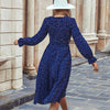 2023 Fall Women's Navy Blue High Waist Mediumn Long Dress For Ladies Casual Long Sleeve All Match Polka Dot Dresses