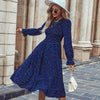 2023 Fall Women's Navy Blue High Waist Mediumn Long Dress For Ladies Casual Long Sleeve All Match Polka Dot Dresses