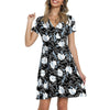 2023 Bohemian Mini Dress For Women Short Sleeve V Neck Floral Printing Elastic Waist Dresses Summer Pocket Sundress