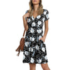 2023 Bohemian Mini Dress For Women Short Sleeve V Neck Floral Printing Elastic Waist Dresses Summer Pocket Sundress