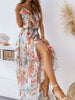 2023 Design Ruffle Slit Slim Party Dresses Summer Sexy Hollow Sling V-Neck Chiffon Dress Women Boho Print Maxi Dress