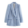 2023 Double Breasted Tweed Check Women Blazer Vintage Long Sleeve Pockets Female Outerwear Chic Jacket
