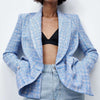 2023 Double Breasted Tweed Check Women Blazer Vintage Long Sleeve Pockets Female Outerwear Chic Jacket