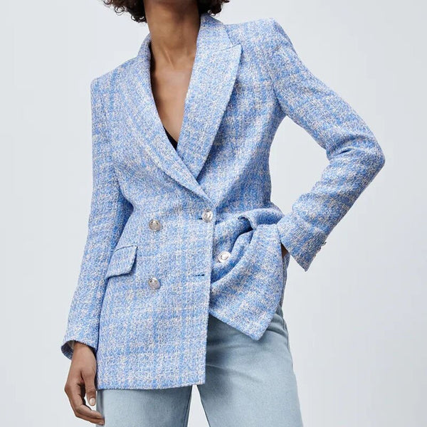 2023 Double Breasted Tweed Check Women Blazer Vintage Long Sleeve Pockets Female Outerwear Chic Jacket