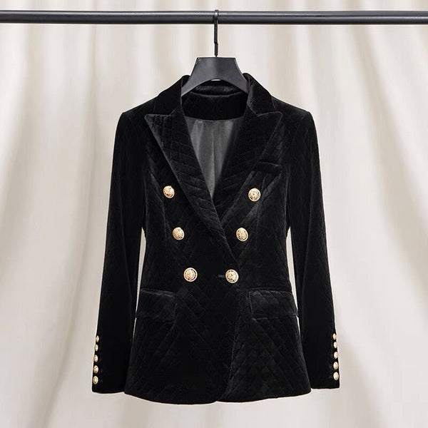2022 Rhombus Pattern Velvet Blazer Women Long Sleeve Double-Breasted Jacket Coat Metal Buttons Notched Black Outerwear