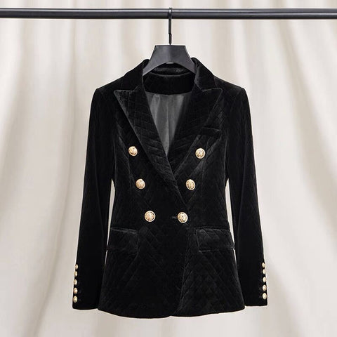 2022 Rhombus Pattern Velvet Blazer Women Long Sleeve Double-Breasted Jacket Coat Metal Buttons Notched Black Outerwear