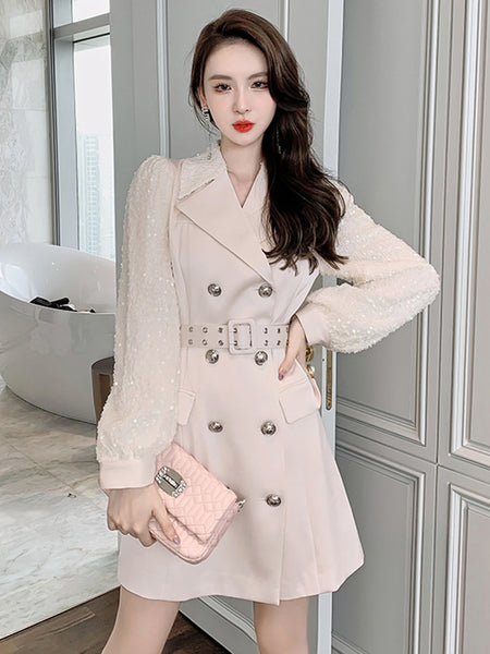 2023 Women Jacket OL Professional Acetate Glitter Shine Sequins Long Sleeve Pocket Double Breasted Belt Coat Blazers