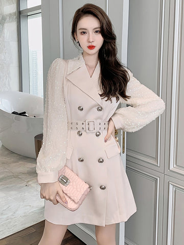 2023 Women Jacket OL Professional Acetate Glitter Shine Sequins Long Sleeve Pocket Double Breasted Belt Coat Blazers