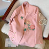 2023 Women's Autumn Jacket Niche Design Casual Blazer  Embroidered Flowers Coats Pink Double Breasted Chic Elegant Suit