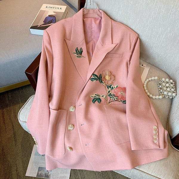 2023 Women's Autumn Jacket Niche Design Casual Blazer  Embroidered Flowers Coats Pink Double Breasted Chic Elegant Suit