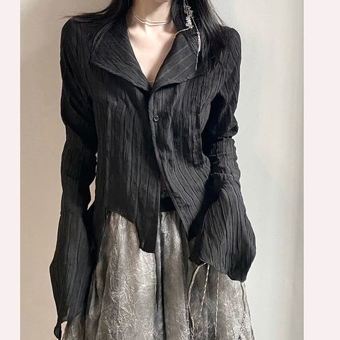 2023 Gothic Emo Pleated y2k Blouse Female Black Asymmetrical Shirt Women Korean Dark Slim Long Sleeve Top Mujer Vintage Camisas