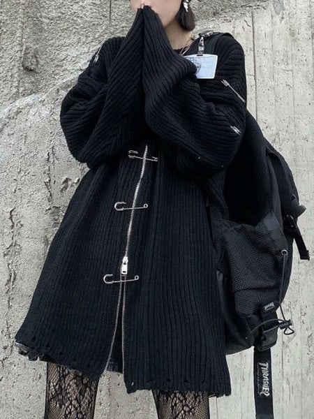 2023 Gothic Harajuku Knit Oversized Sweaters Women Pullovers Zipper Korean Streetwear Goth Punk Knitted Top Loose Gothic Jumpers