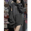 2023 Grunge Harajuku Solid Grey Knit Sweater Women Y2K Streetwear Hole Broken Jumper Loose Purple Sweaters Punk Gothic Clothes